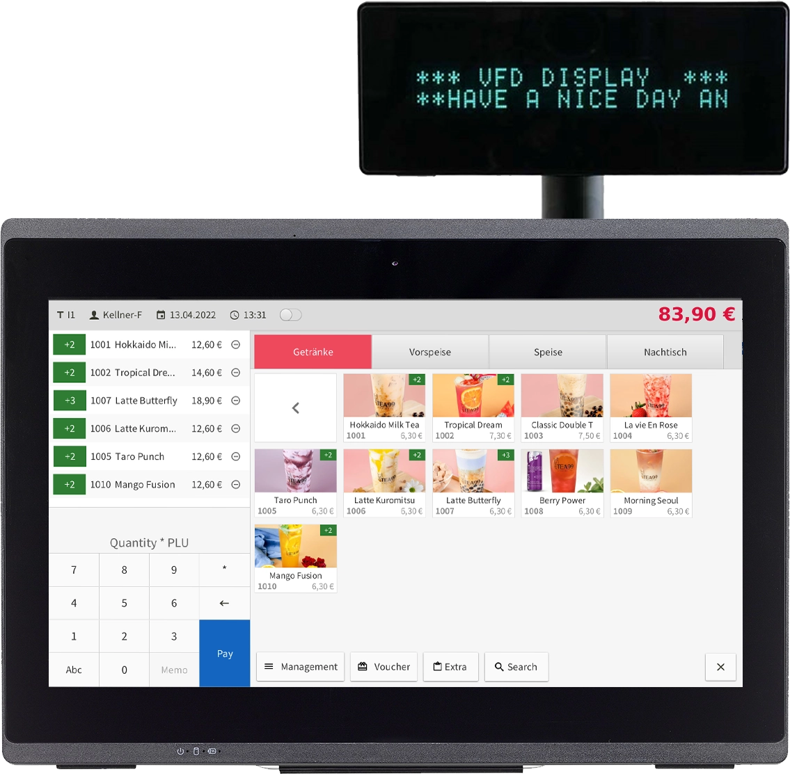 Flysoft POS machine and customer display are showcased in front of Bubble Tea store.