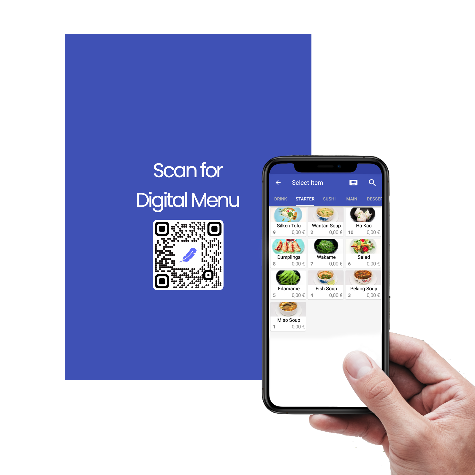 Image of a flyout card with qr code. mobile displays the scanned digital menu.